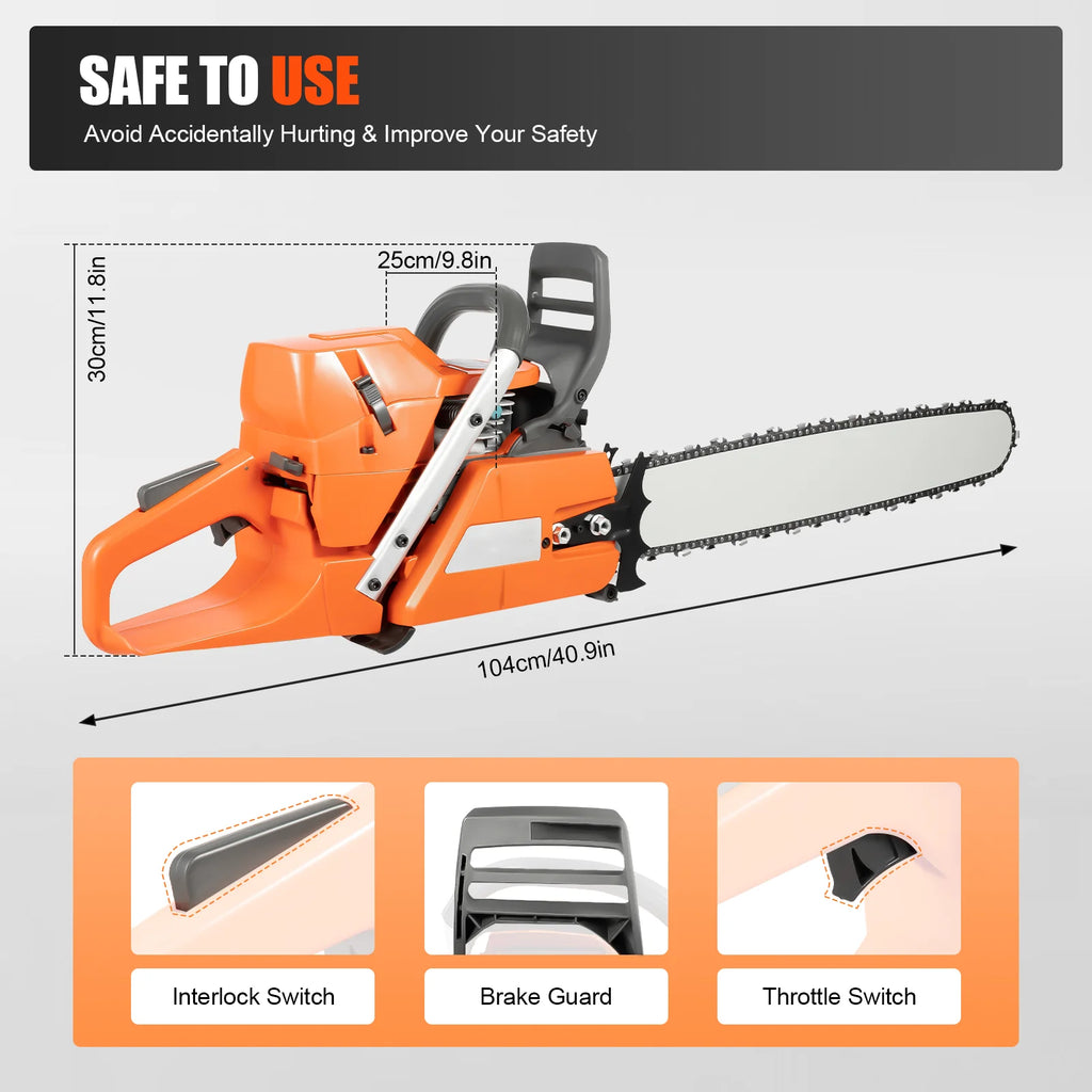 Gas Chainsaw, 71.8CC 3.9KW 2800RPM 24in Alloy Guide Bar Manganese Steel Quenched Chain Petrol Logging Saw