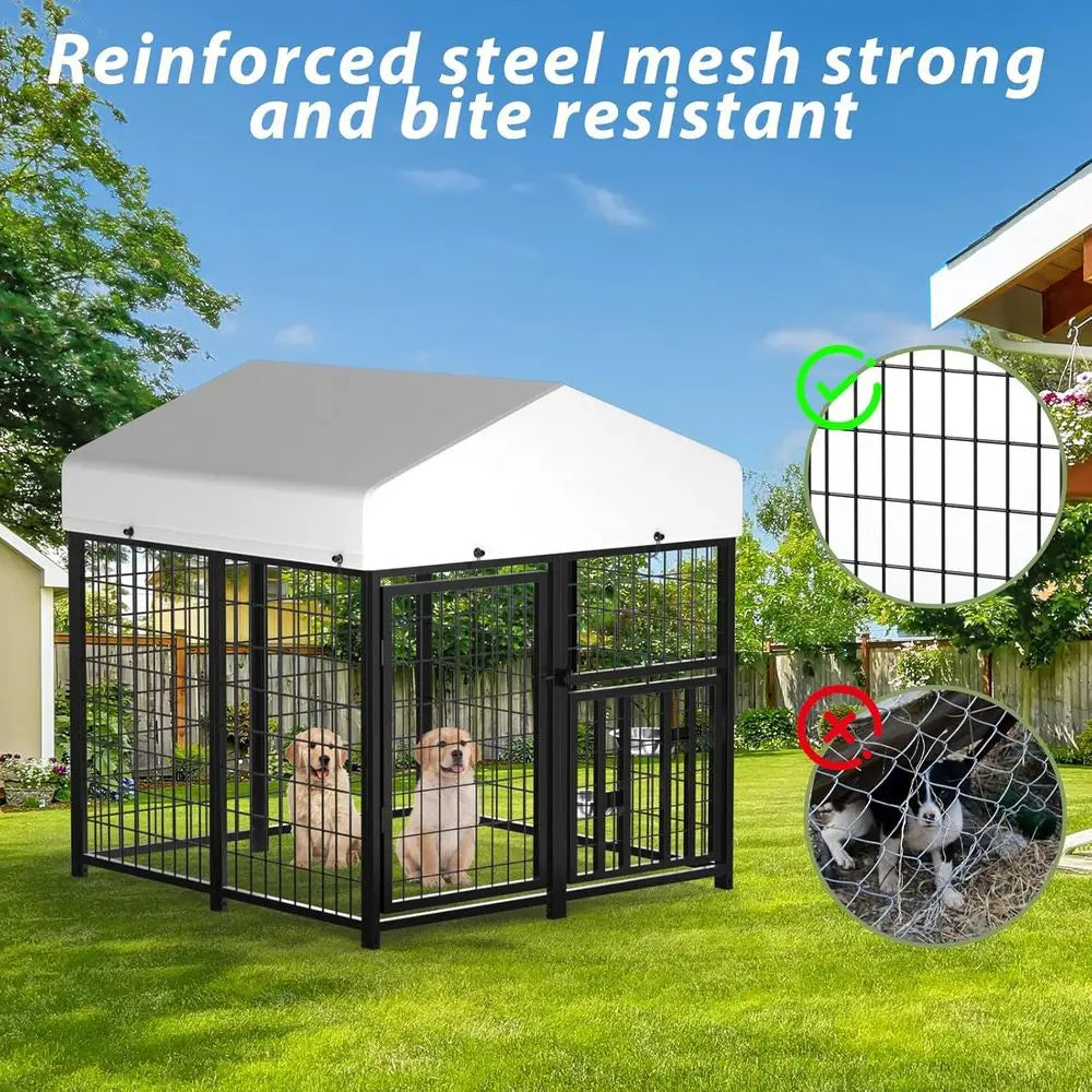 Outdoor Dog Kennel with Roo, Heavy Duty Steel Dog Run Enclosure or Small Dogs, Waterproo , Double Door, Adjustable eeding Bowls,