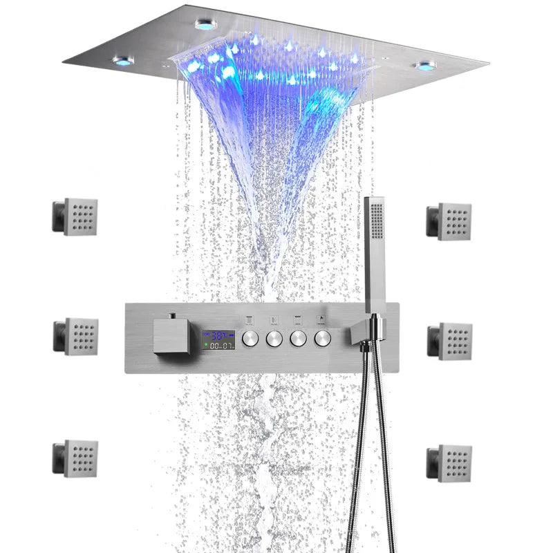 Concealed Brass Shower, LED Thermostatic digital display, showerheads set into the Wall, concealed showerhead in ceiling