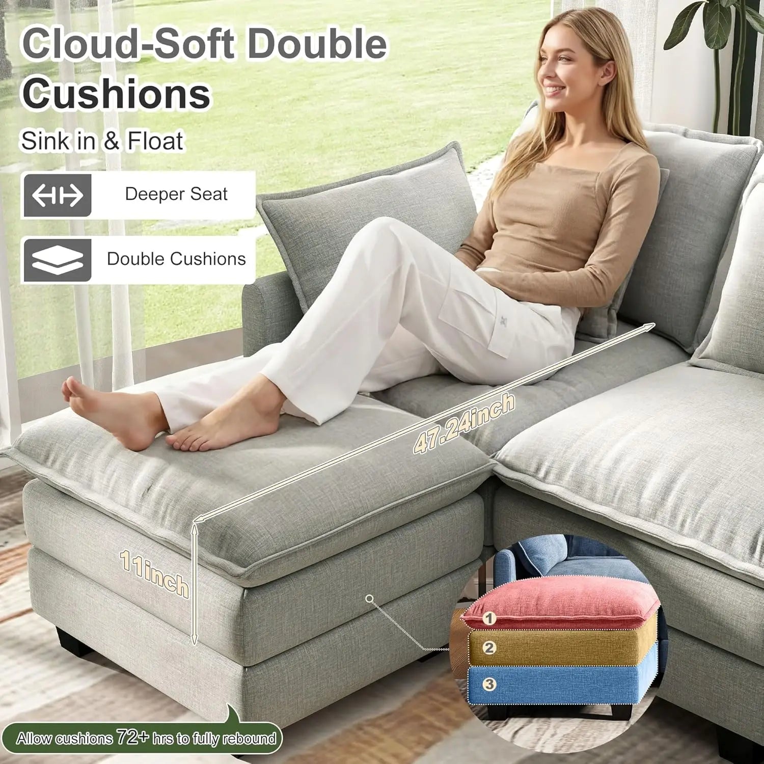 U Shaped Modular Sectional Sofa Deep Seat 4 Seat with 6 Washable Pillows 2 Ottoman Living Room Bedroom Apartment 107", Custom