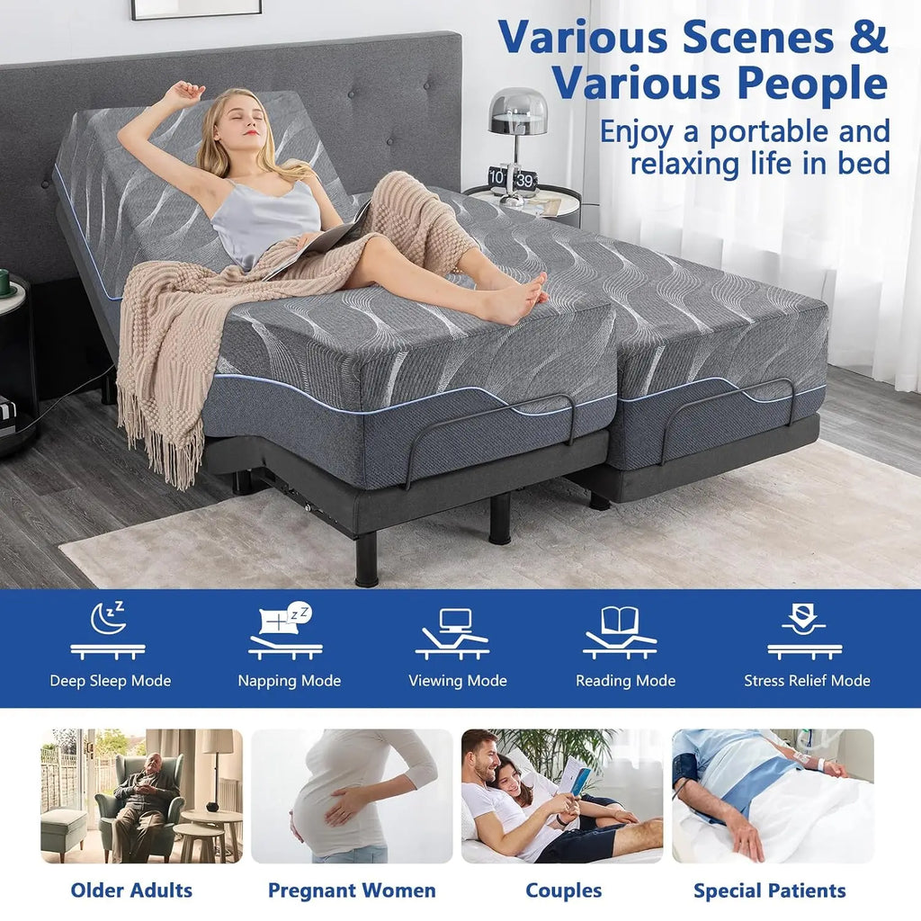 Adjustable Bed Frame with Massage, 14 Inch Gel Memory Foam Mattress,