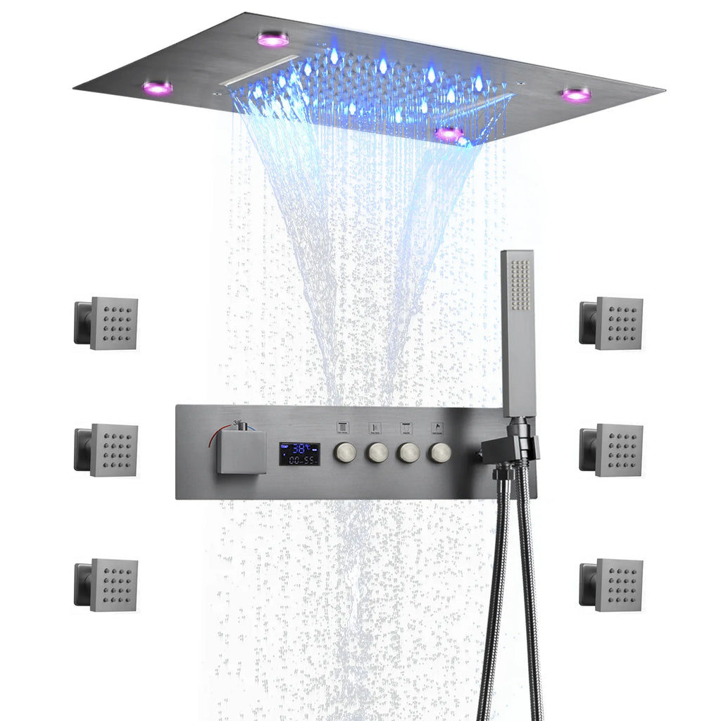 Concealed Brass Shower, LED Thermostatic digital display, showerheads set into the Wall, concealed showerhead in ceiling
