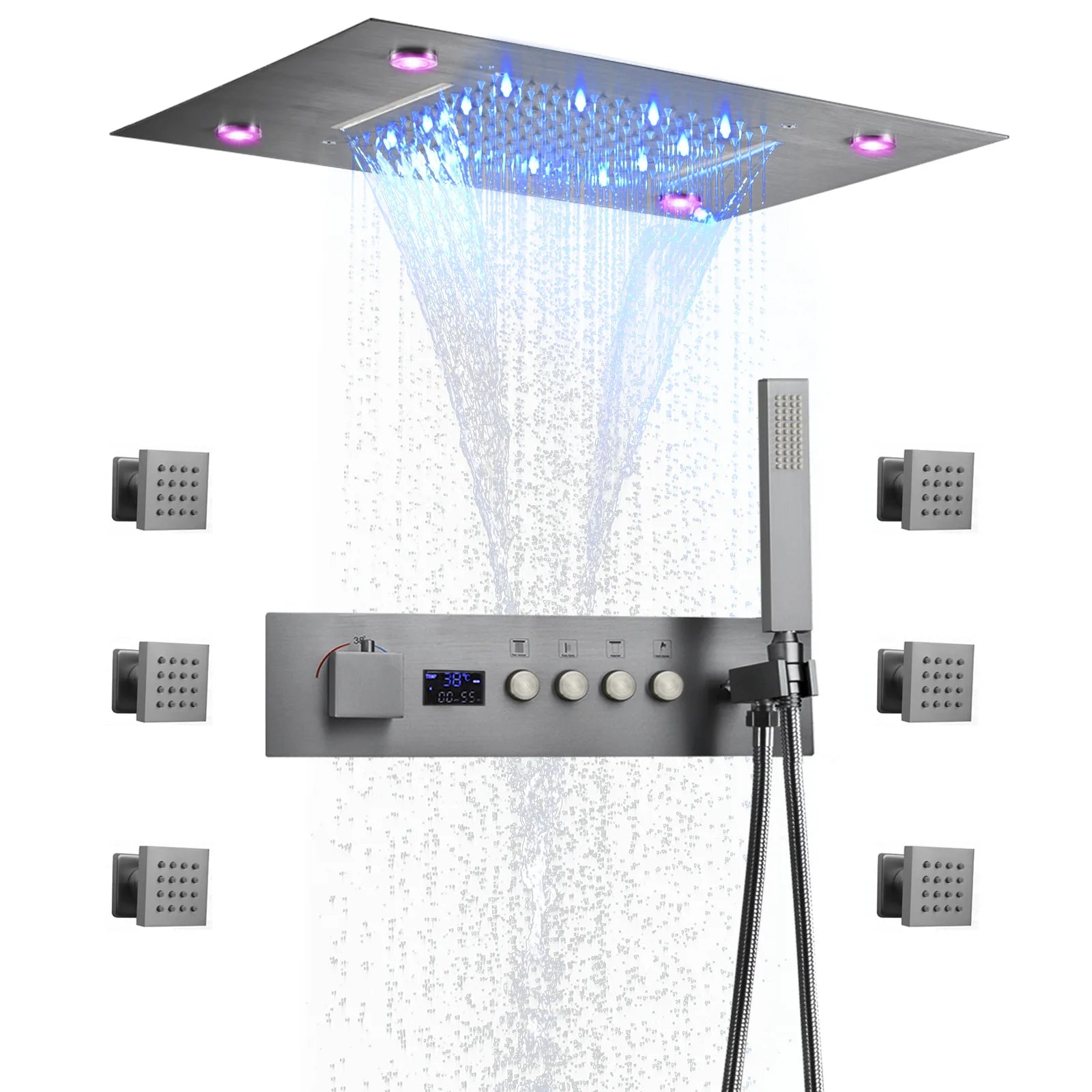 Concealed Brass Shower, LED Thermostatic digital display, showerheads set into the Wall, concealed showerhead in ceiling