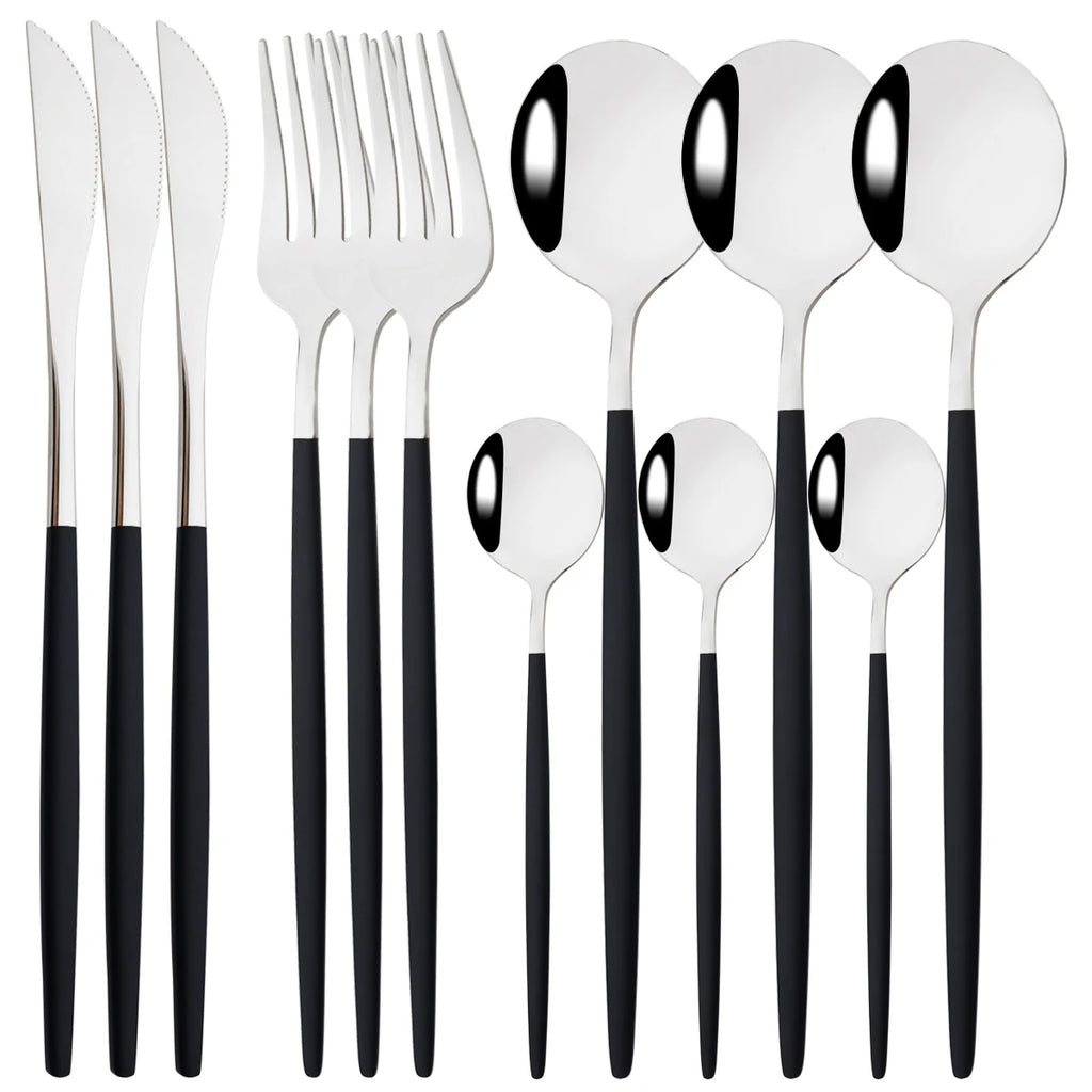 12pcs Black Gold Dinnerware Set Stainless Steel Tableware Knife Fork Coffee Spoon Teaspoons Cutlery Set Party Kitchen Flatware