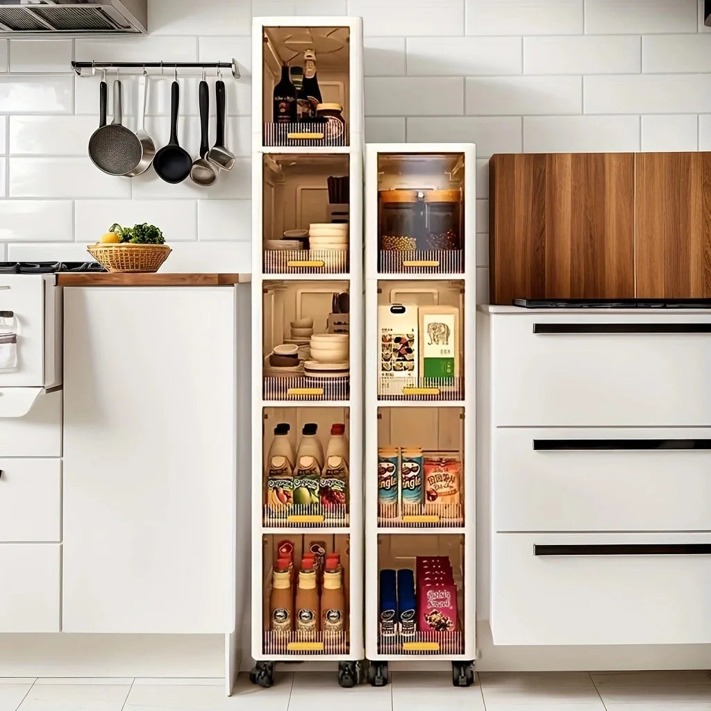 20cm Slim Storage Cabinet, 3/4/5-Tier Narrow Rolling Organizer with Wheels, Space-Saving Shelf White Multi-Purpose Storage