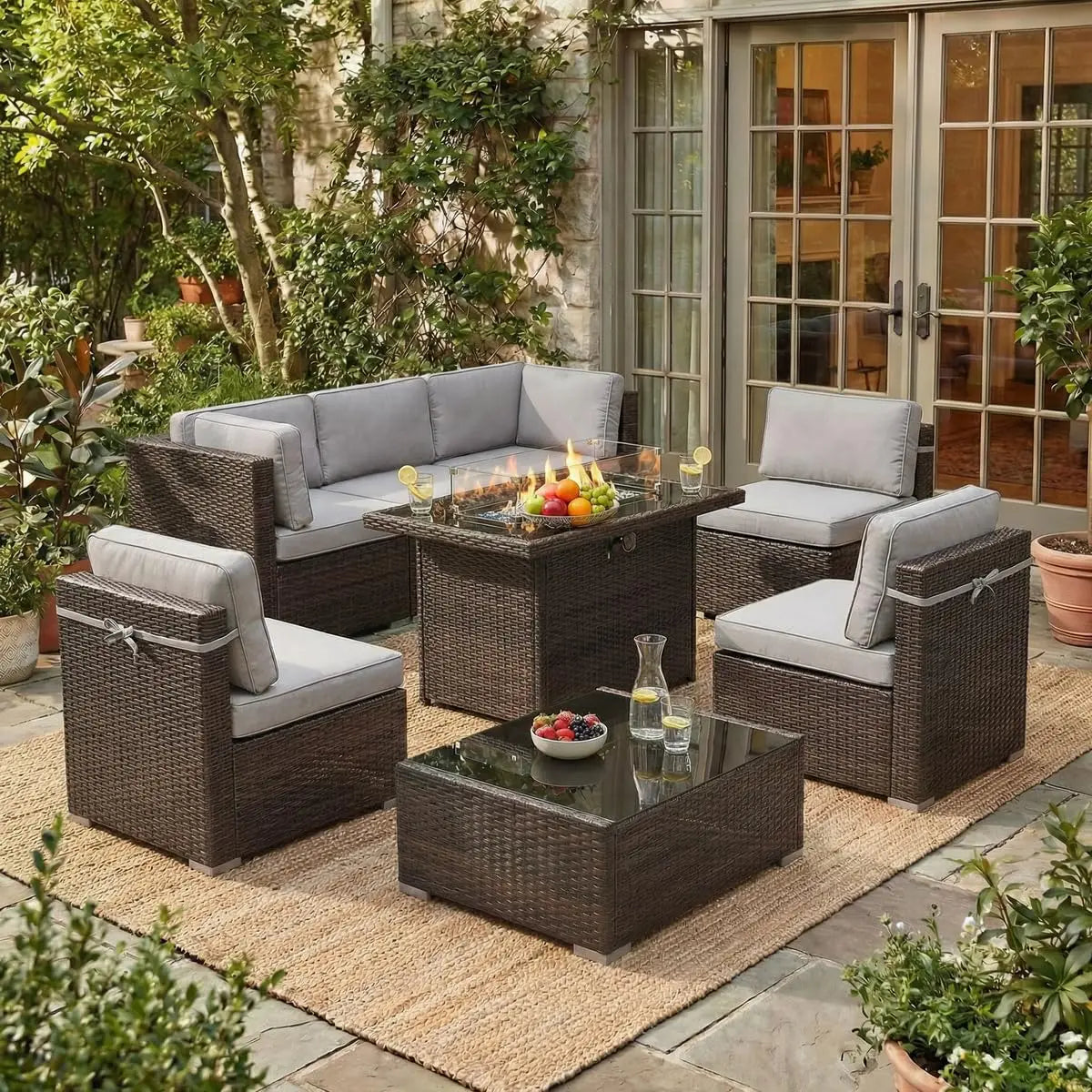 8 Piece Patio Furniture Set with 44" Propane Gas Fire Pit Table,