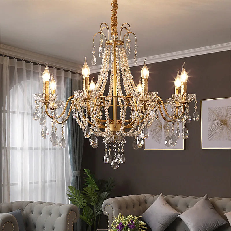 American Crystal Lamp French Retro Style Pearl Chandelier Middle Villa for Living Room Dining Room Bedroom Duplex Chandelier