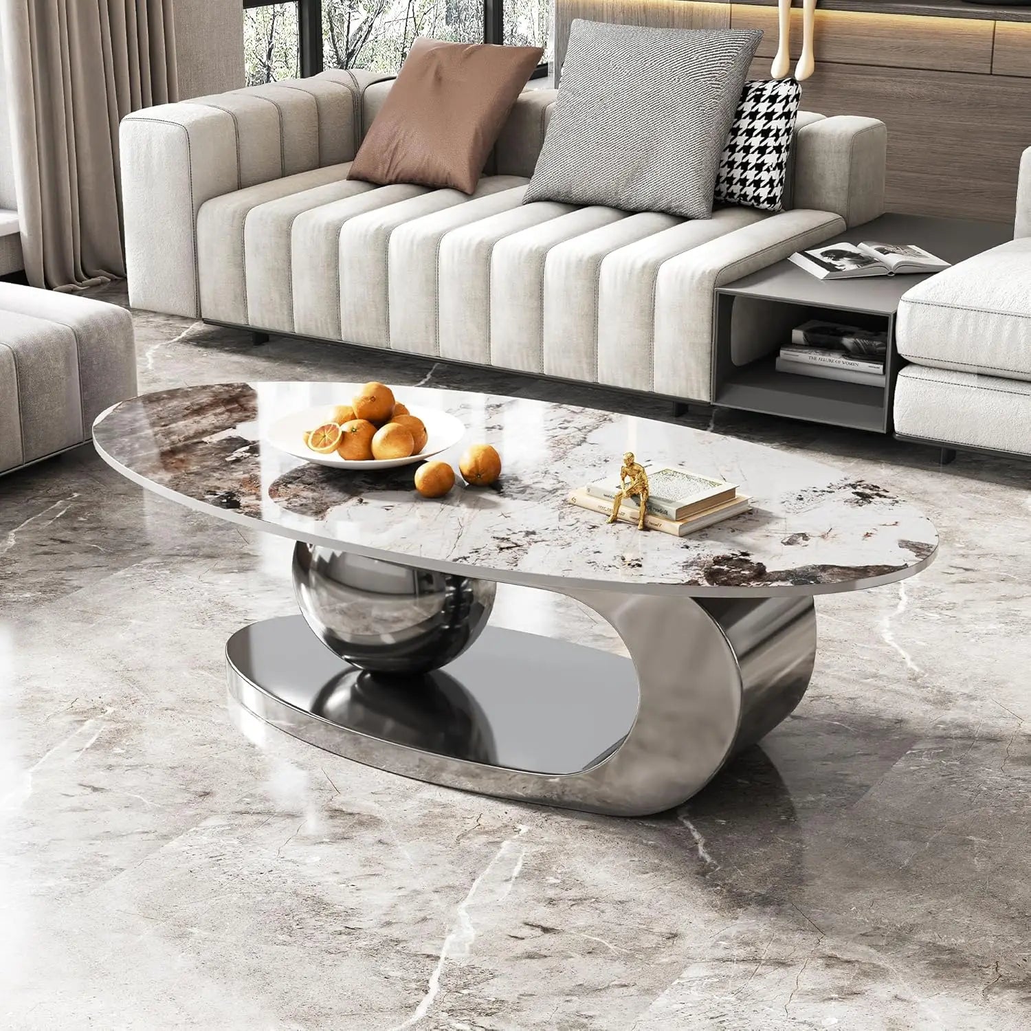 Modern Coffee Table with Silver Stainless Steel Pedestal, Oval Living Room Table with Faux Marble Top
