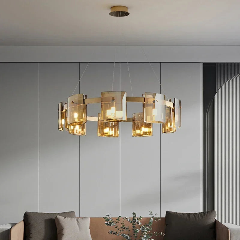 Postmodern LED Amber Smoky Glass Chandeliers