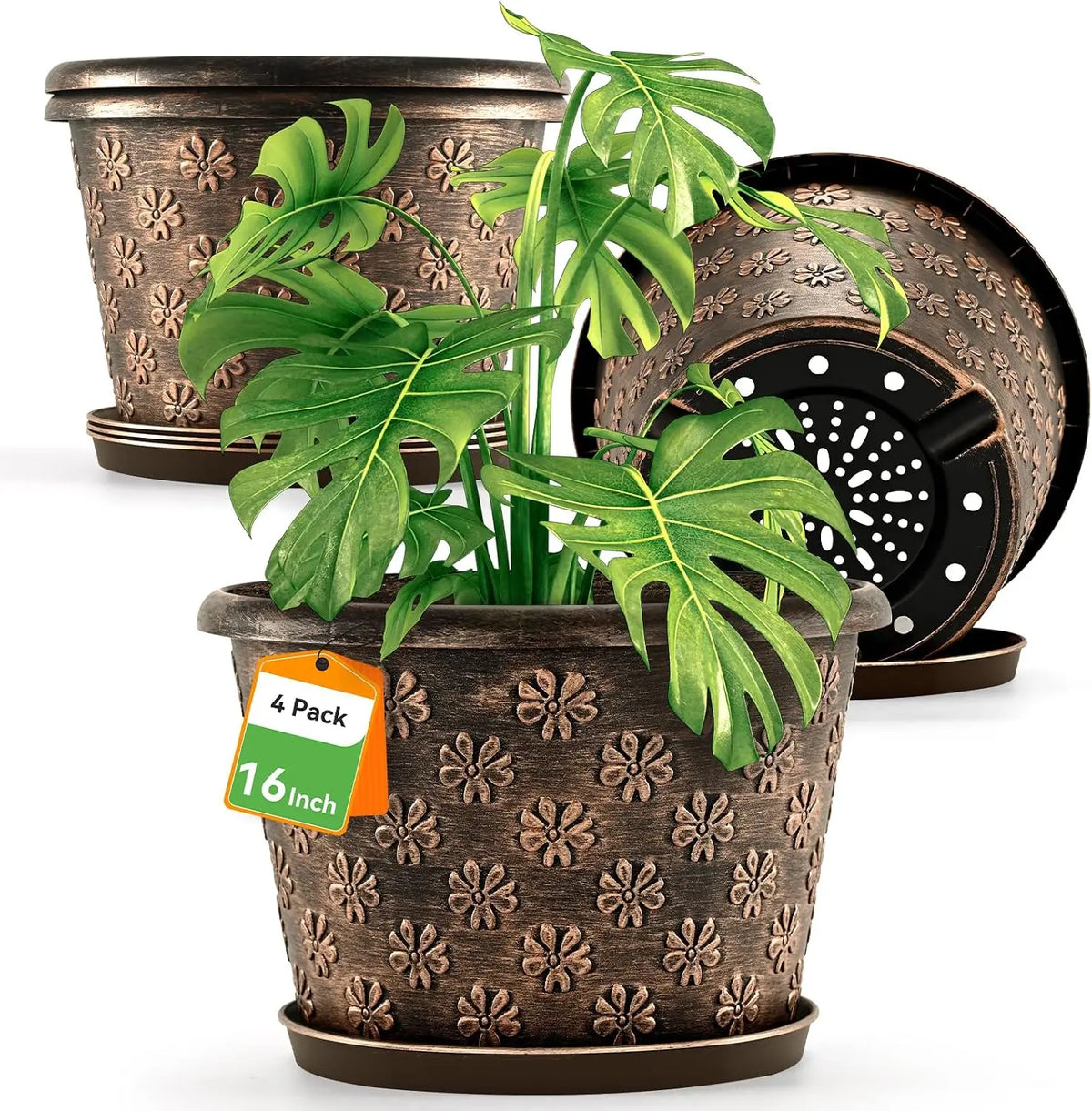 12 & 16 Inch Plastic Flower Pots Indoor Outdoor, 4 Pack Resin Plant Pot with Drainage & Saucer,