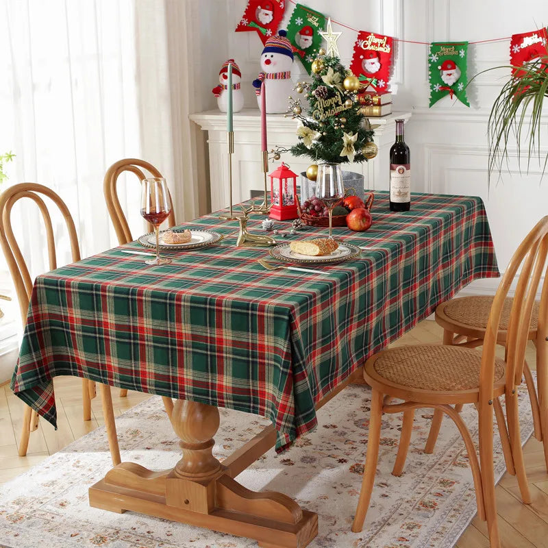 1pc Vintage Christmas Plaid Tablecloth, Rectangular with Tassels, for Dining/Tea Table, Holiday Party Decor