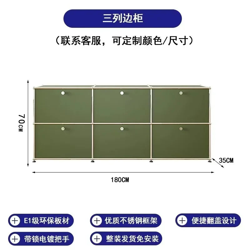 Olive Green Sideboard Storage Cabinets, Modular Combination Metal Frame for Living Room, Office